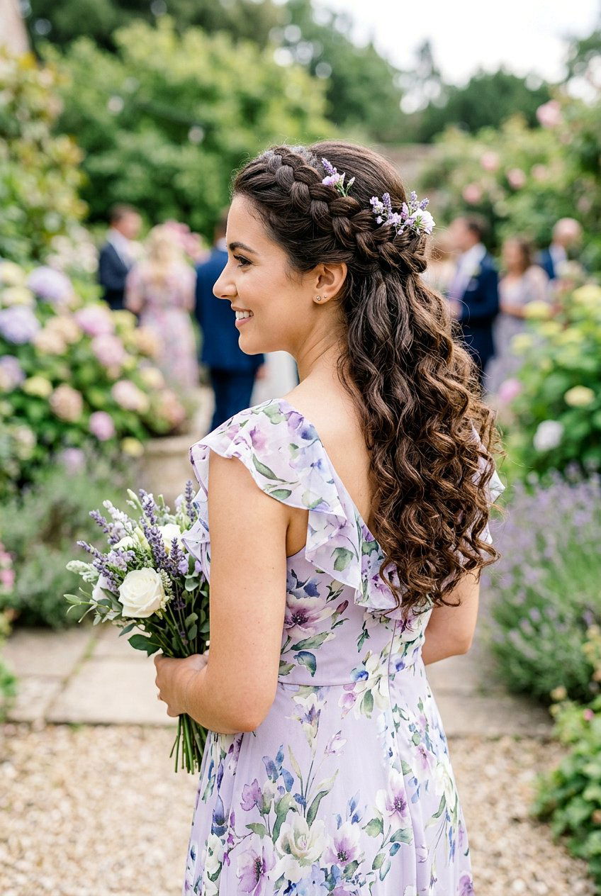 Half Up Woven Crown Braid With Curly Ends - 20 bridesmaid half up with curls - 20 bridesmaid half up with curls