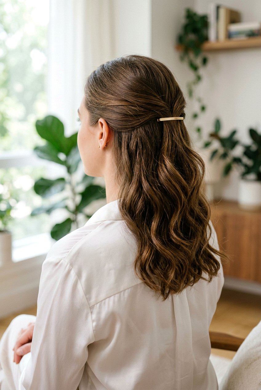 Half Updo - 20 simple hairstyle for interview with medium hair - 20 simple hairstyle for interview with medium hair