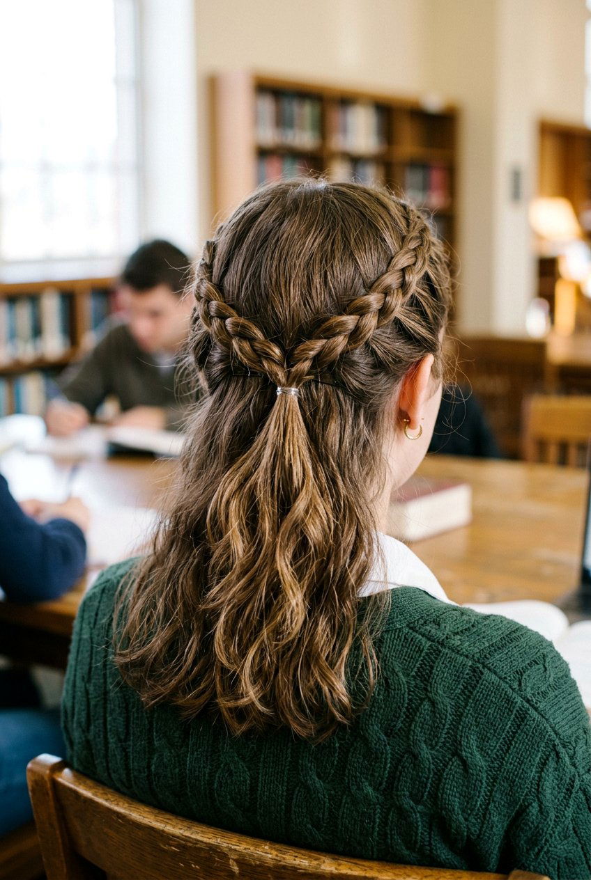 Half up braided crown - 20 cute hairstyles for school - 20 cute hairstyles for school