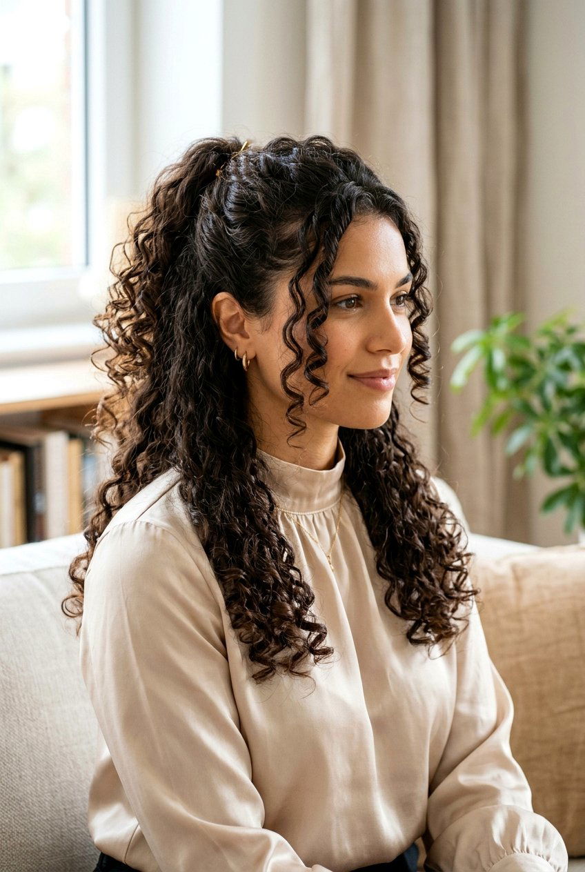 Half up half down curly hair - 20 interview hairstyle for curly hair women - 20 interview hairstyle for curly hair women