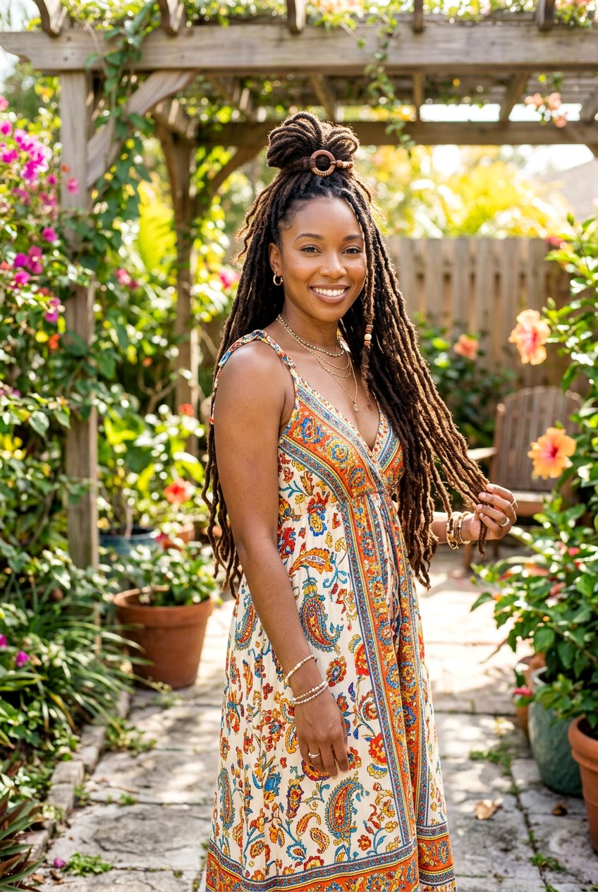 Half up half down loc bun - 20 loc bun hairstyles - 20 loc bun hairstyles