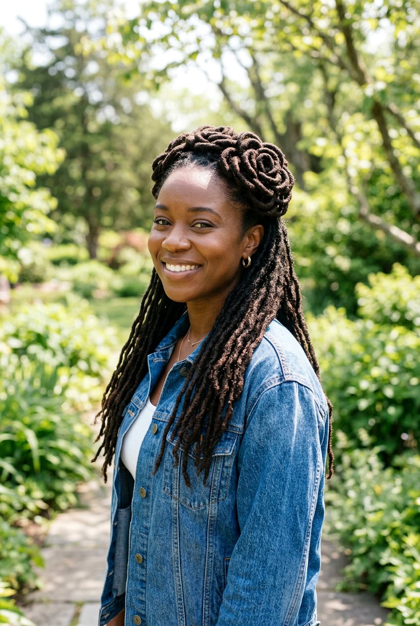 Half up half down loc petal bun - 20 loc petal bun hairstyle - 20 loc petal bun hairstyle