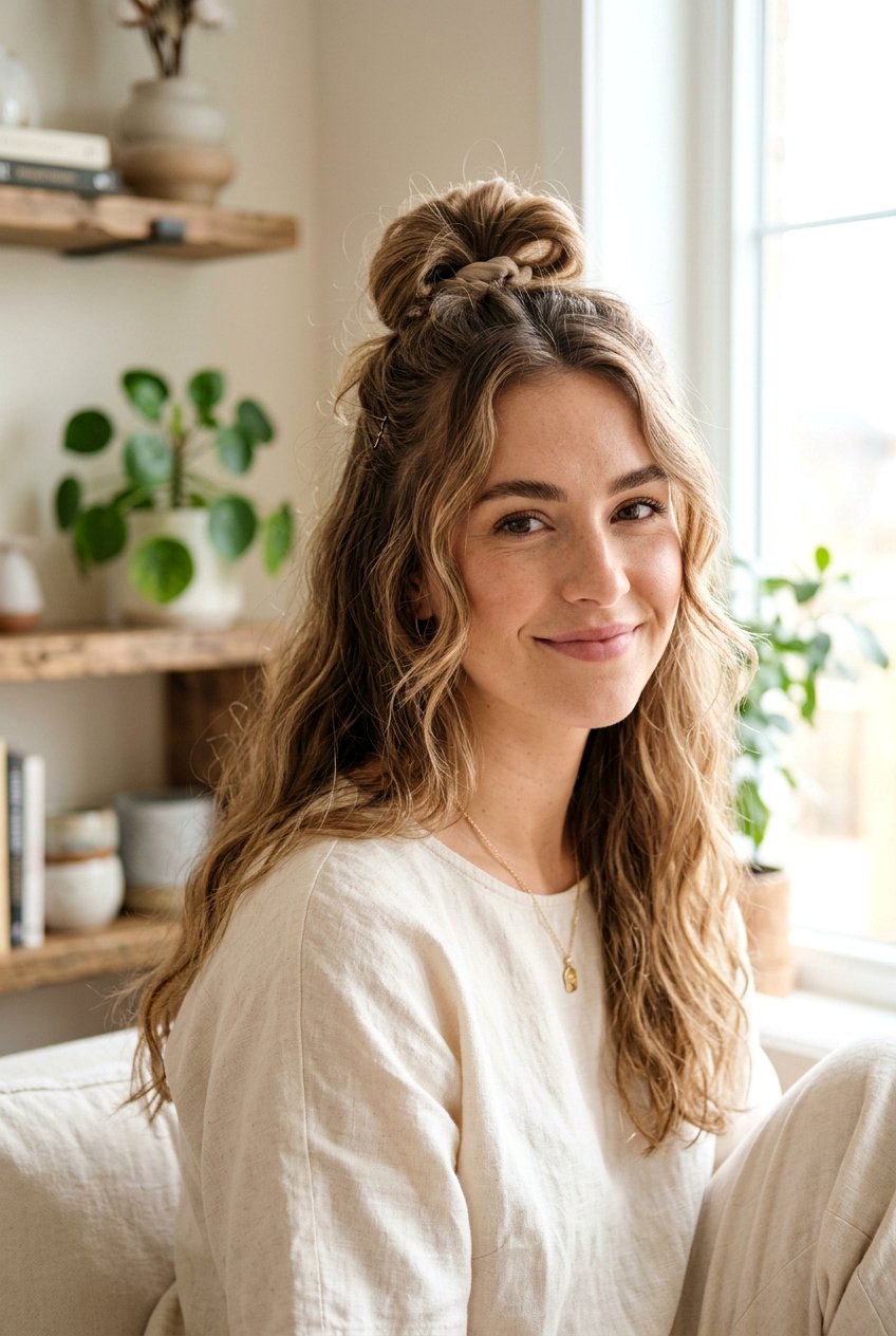 Half up half down messy bun - 20 half up half down hairstyles - 20 half up half down hairstyles