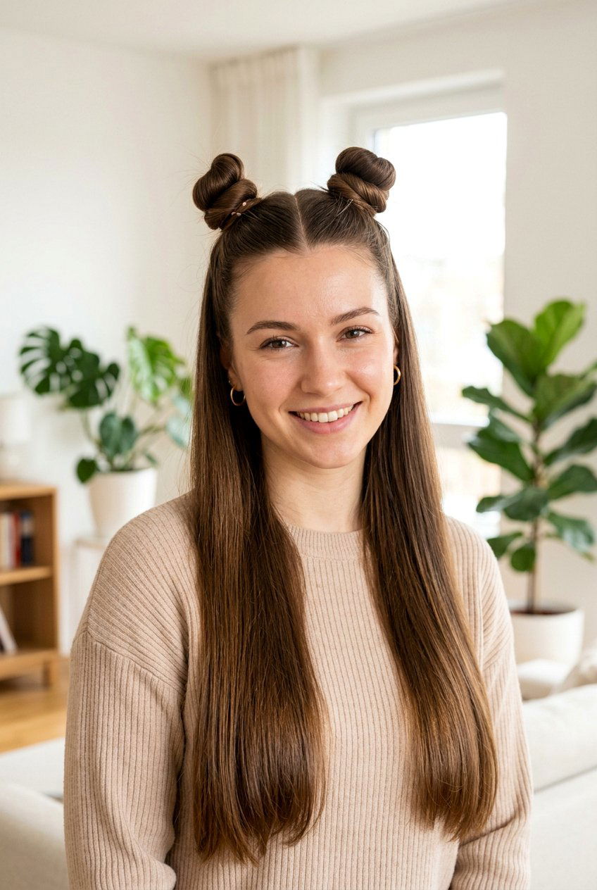 Half up half down space buns - 20 half up half down hairstyles - 20 half up half down hairstyles
