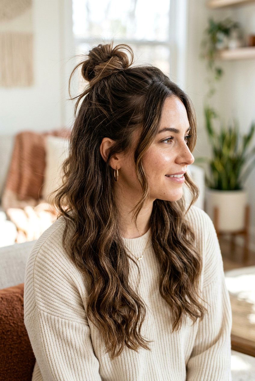 Half up half down top knot - 20 half up half down hairstyles - 20 half up half down hairstyles