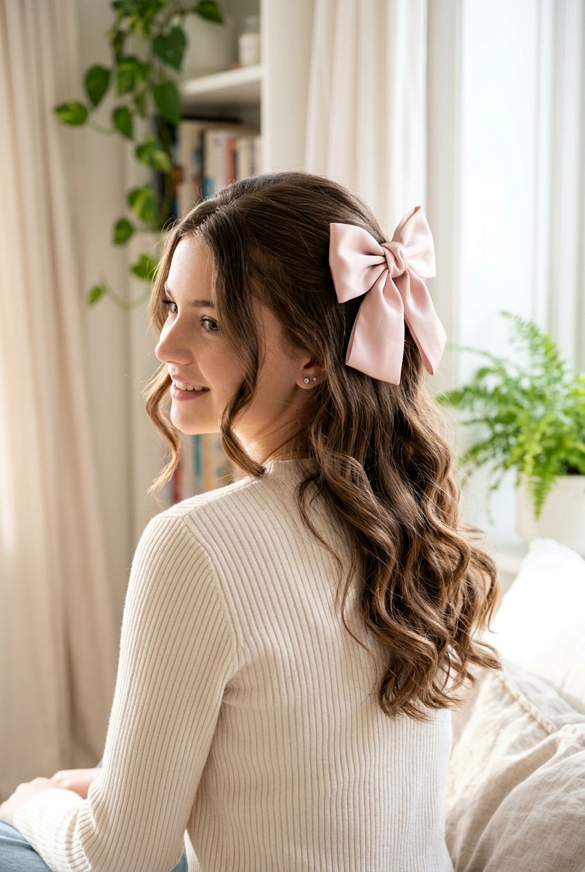 Half up half down with ribbon bow - 20 hairstyles for teenage girls - 20 hairstyles for teenage girls