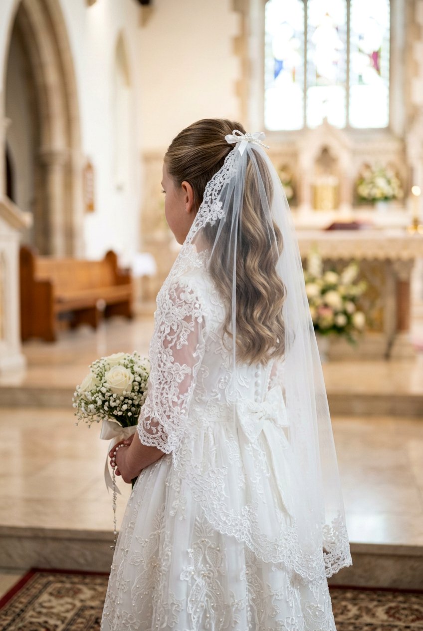 Half up ponytail with lace veil - 20 communion ponytail hairstyle - 20 communion ponytail hairstyle