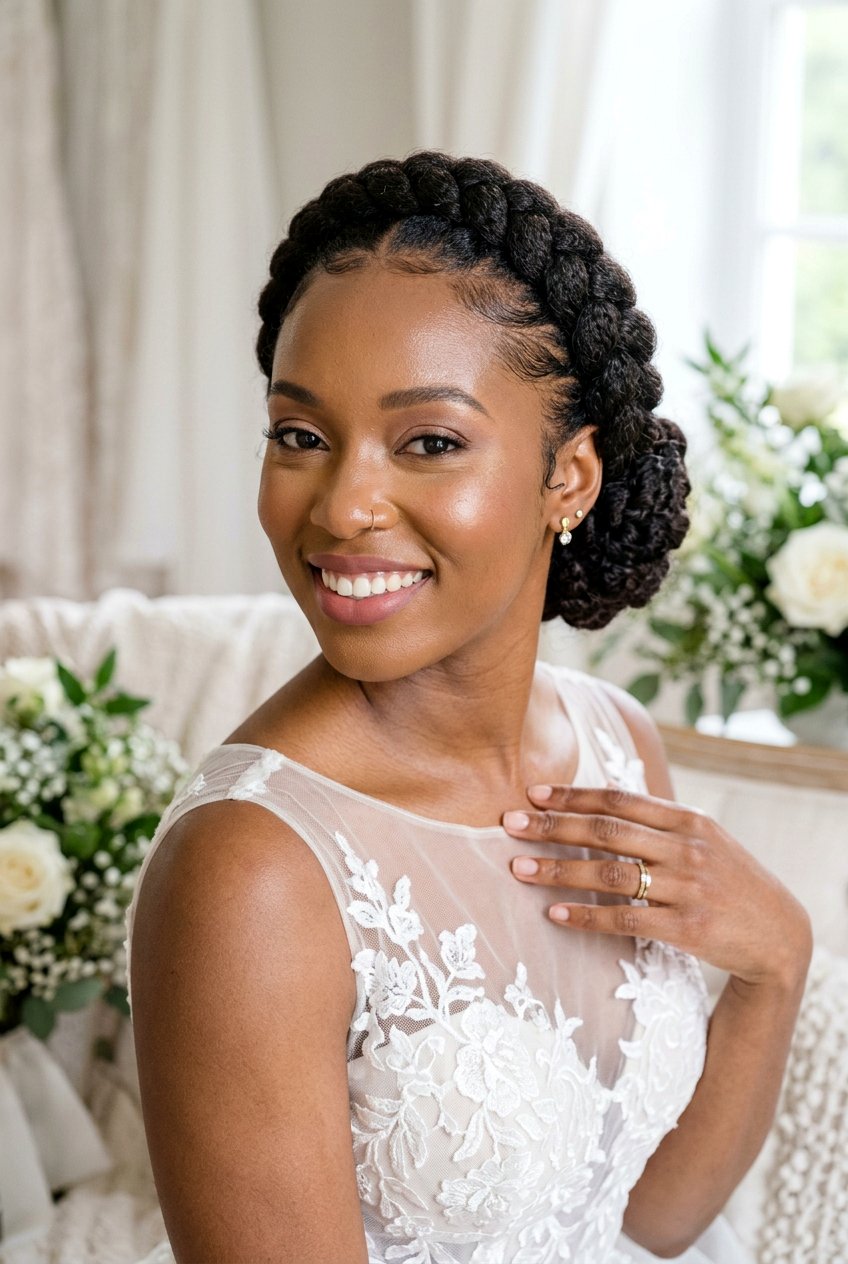 Halo Braid Bridal Updo On Natural Hair - 20 natural bridal hairstyles for black women - 20 natural bridal hairstyles for black women