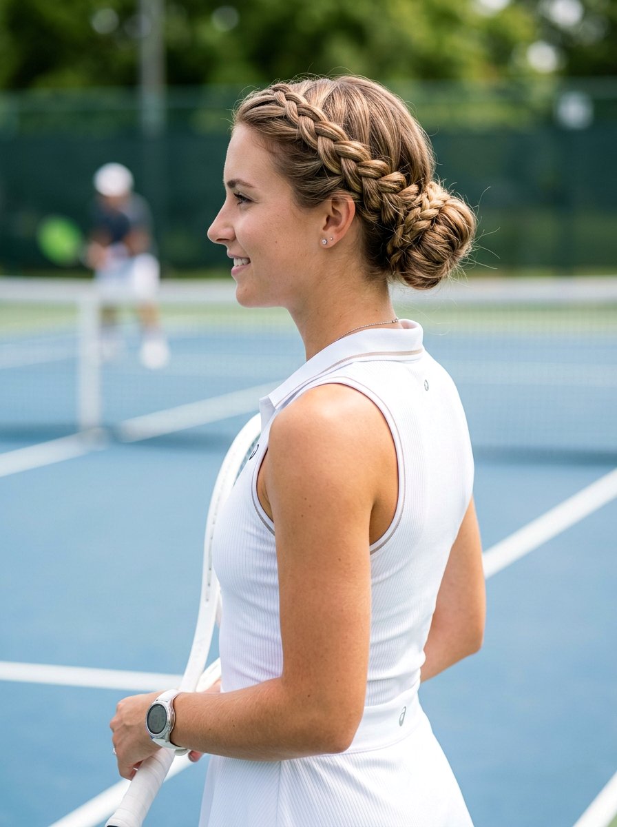 Halo Braid Low Bun - 20 gym hairstyle with low braid bun - 20 gym hairstyle with low braid bun