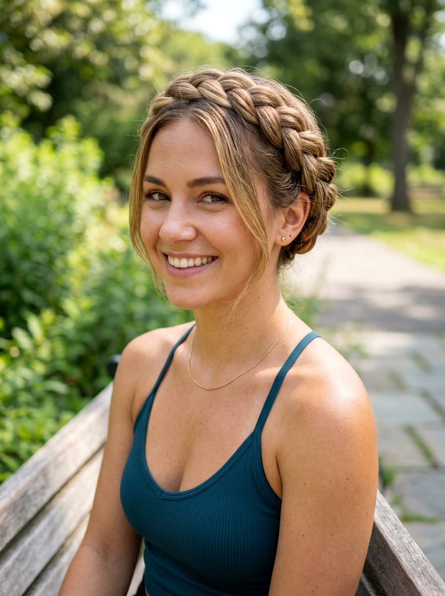 Halo Braid Updo For Medium Layered Hair - 20 gym hairstyle for medium layers - 20 gym hairstyle for medium layers