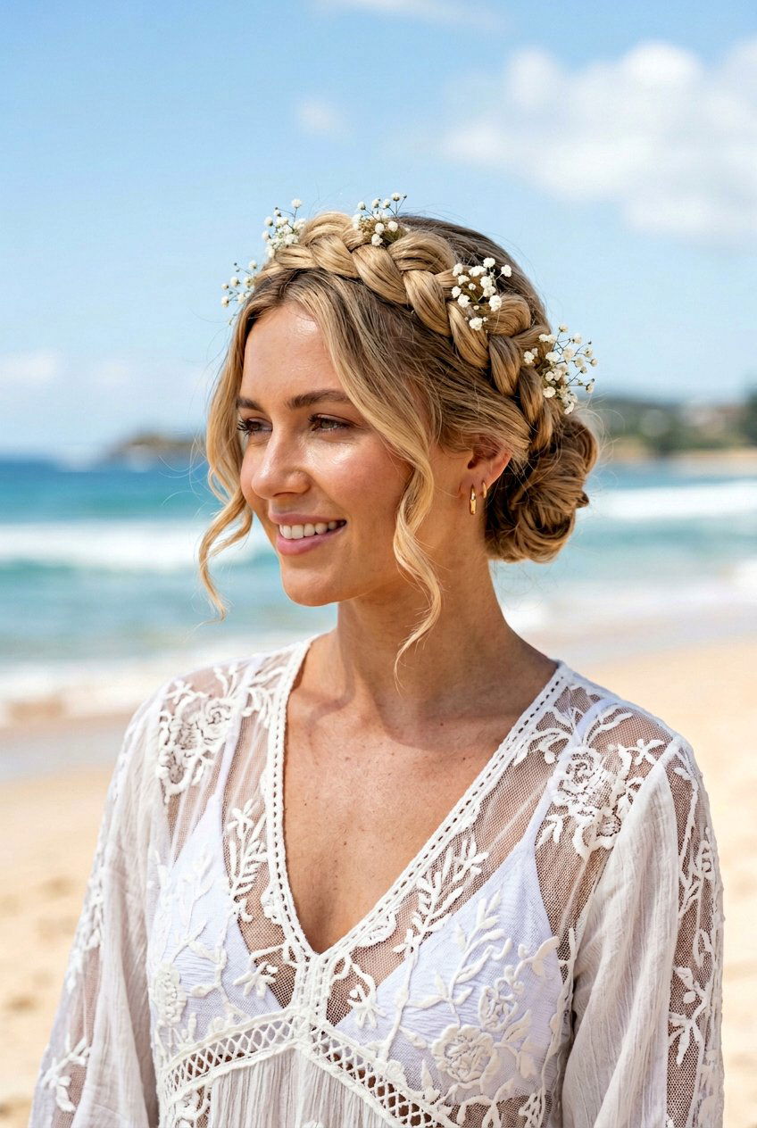 Halo Braid Updo - 20 beach day braid hairstyle - 20 beach day braid hairstyle