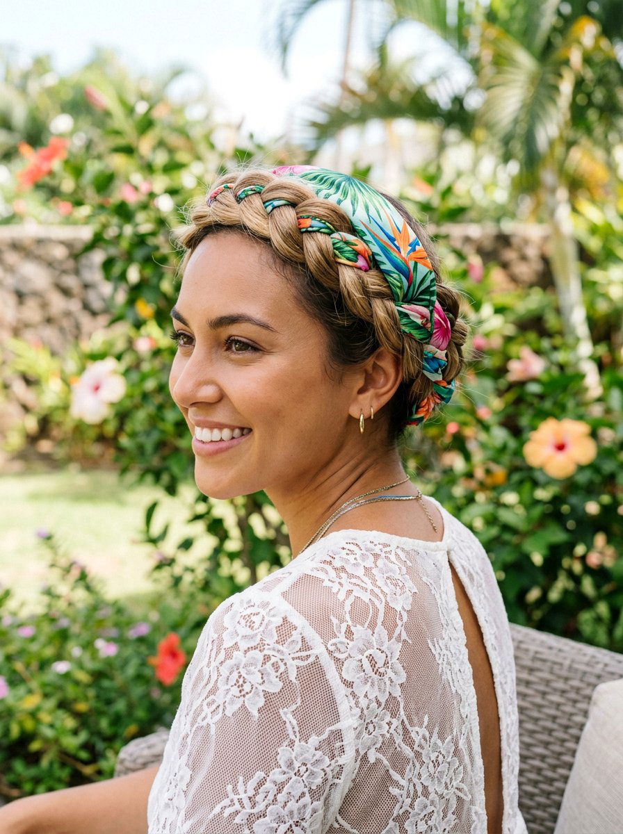Halo Braid With Tropical Scarf - 20 vacation hairstyle with tropical scarf - 20 vacation hairstyle with tropical scarf