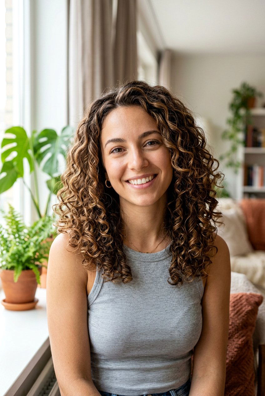 Hazelnut Brunette Babylights On Curly Hair - 20 hazelnut brunette with babylights - 20 hazelnut brunette with babylights