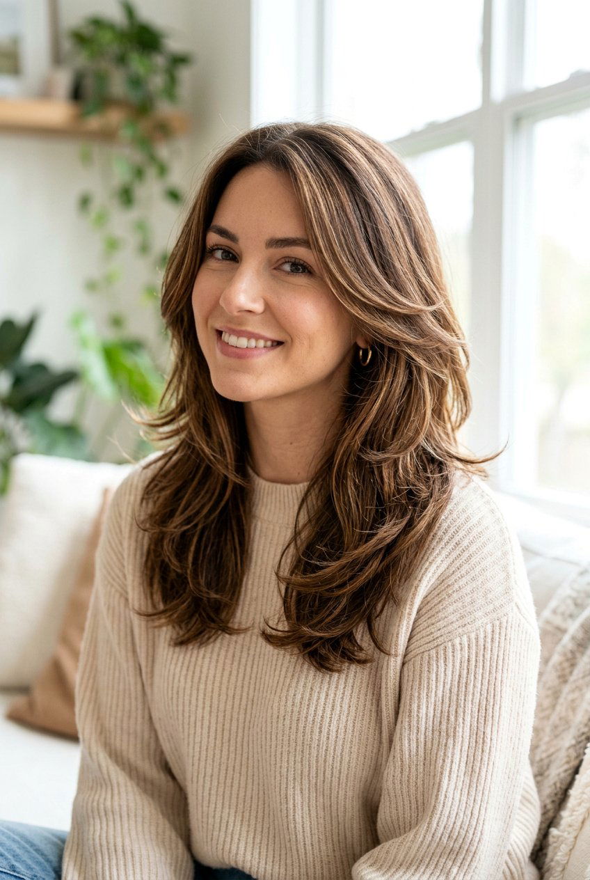 Hazelnut Brunette Babylights On Layered Haircut - 20 hazelnut brunette with babylights - 20 hazelnut brunette with babylights