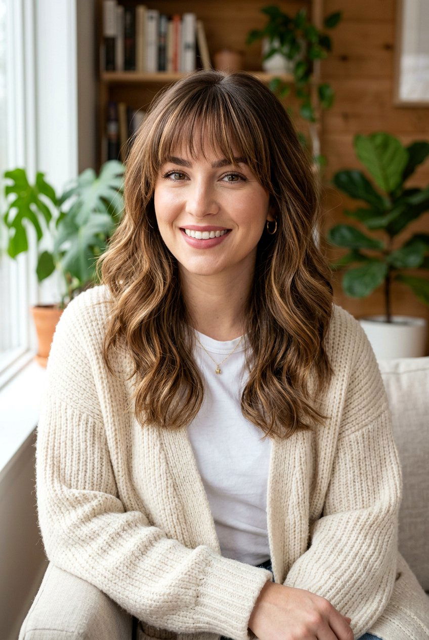 Hazelnut Brunette Balayage With Bangs - 20 autumn brunette balayage ideas - 20 autumn brunette balayage ideas