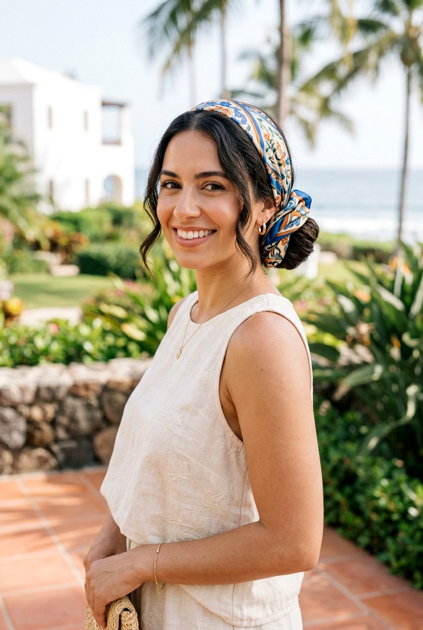 Head Scarf Updo For Sun Protection - 20 resort hairstyles for women - 20 resort hairstyles for women