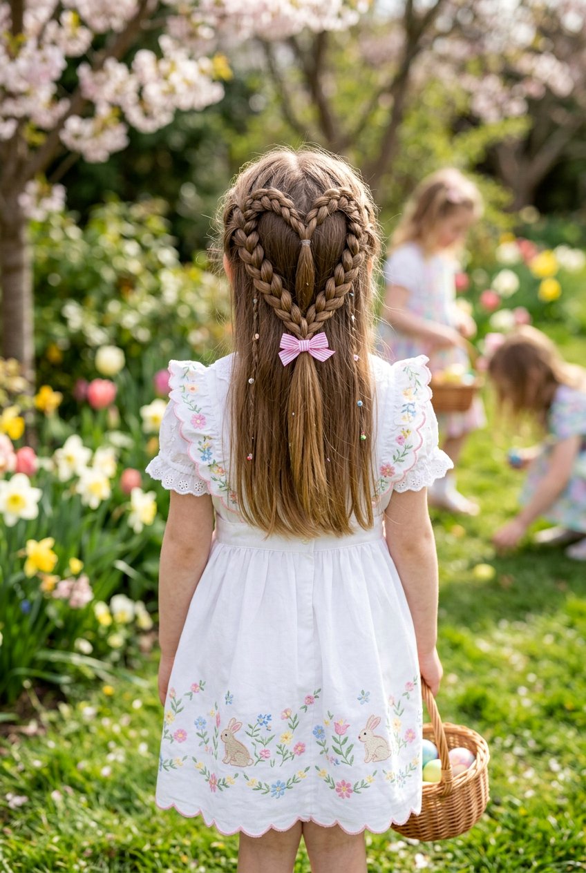 Heart Braid With Tiny Bow - 20 easter hairstyles for little girls with bows - 20 easter hairstyles for little girls with bows