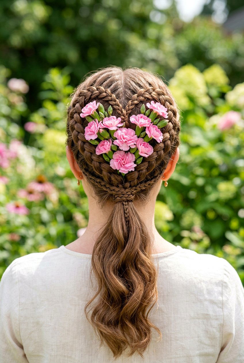 Heart Shaped Braid With Mini Carnations - 20 fairycore braid hairstyle with flowers - 20 fairycore braid hairstyle with flowers