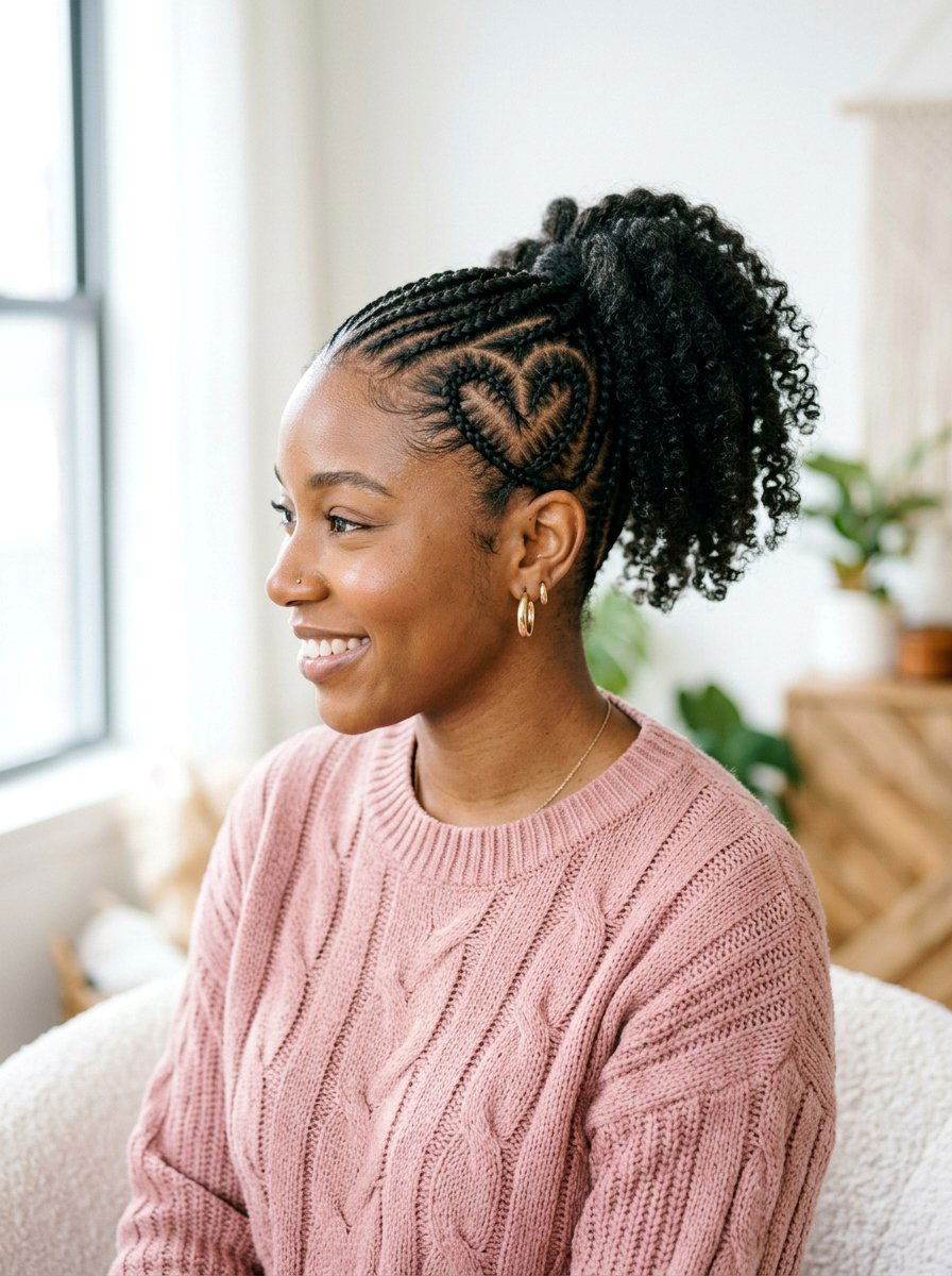 Heart design stitch braids into ponytail - 20 stitch braids into ponytail - 20 stitch braids into ponytail