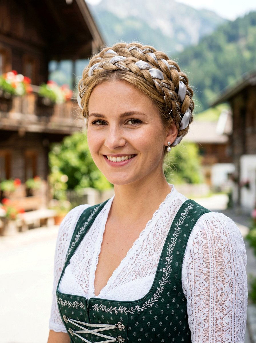 Heidi Braid With Silver Ribbon - 20 silver ribbons for shoulder length hair - 20 silver ribbons for shoulder length hair