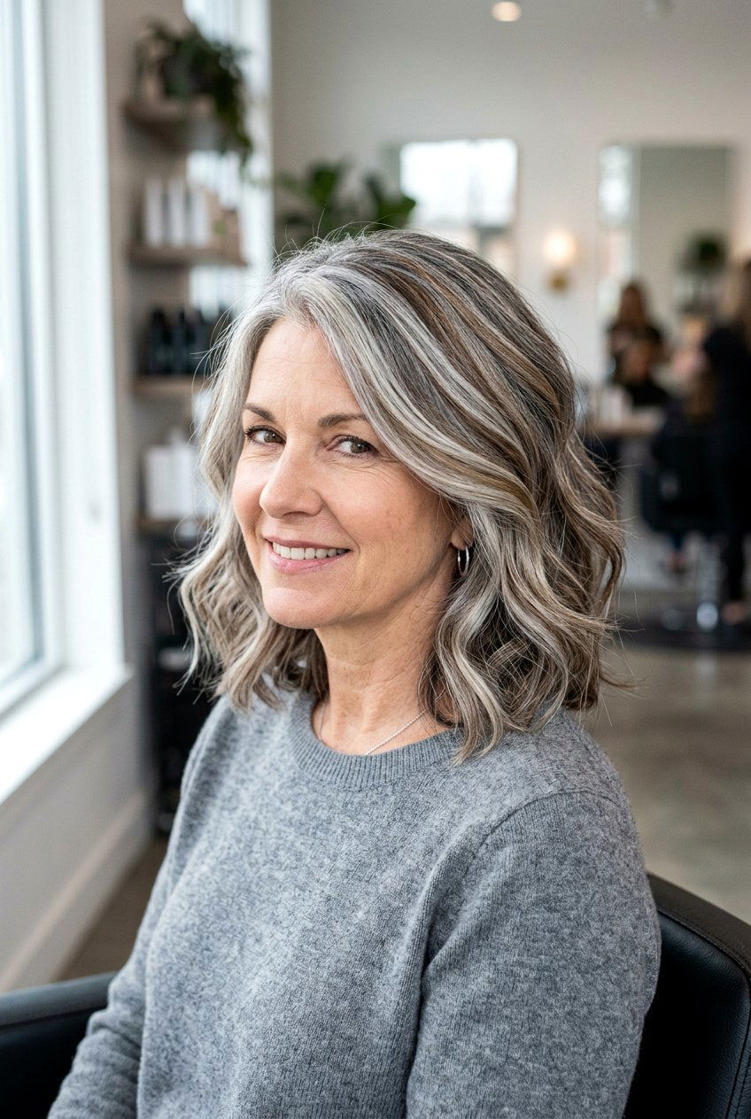 Herringbone Highlights Gray Blending - 20 low maintenance brunette with gray coverage - 20 low maintenance brunette with gray coverage