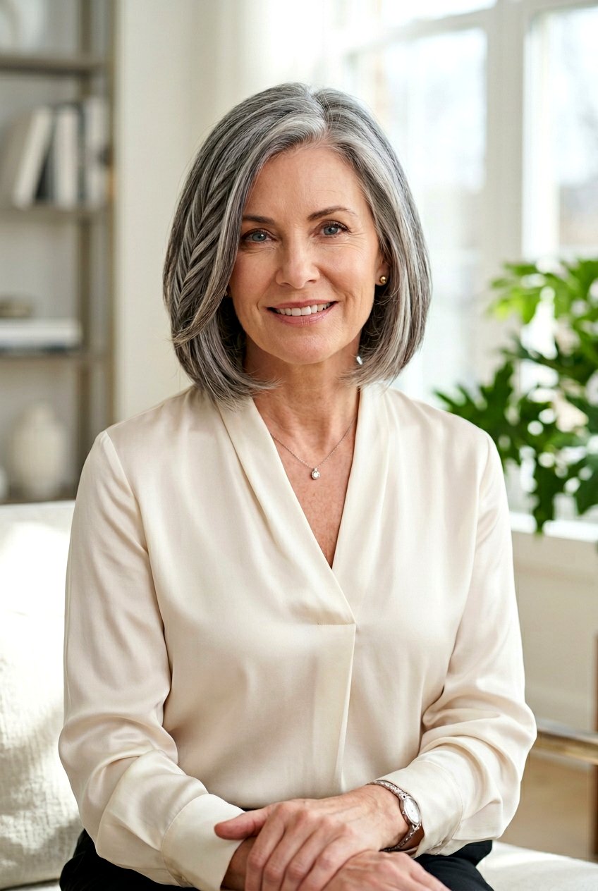 Herringbone Highlights Gray Hair Bob - 20 gray blending bob with highlights - 20 gray blending bob with highlights