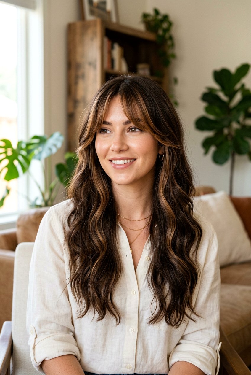 Hickory Brown Curtain Bangs Look - 20 hickory brown hair color - 20 hickory brown hair color