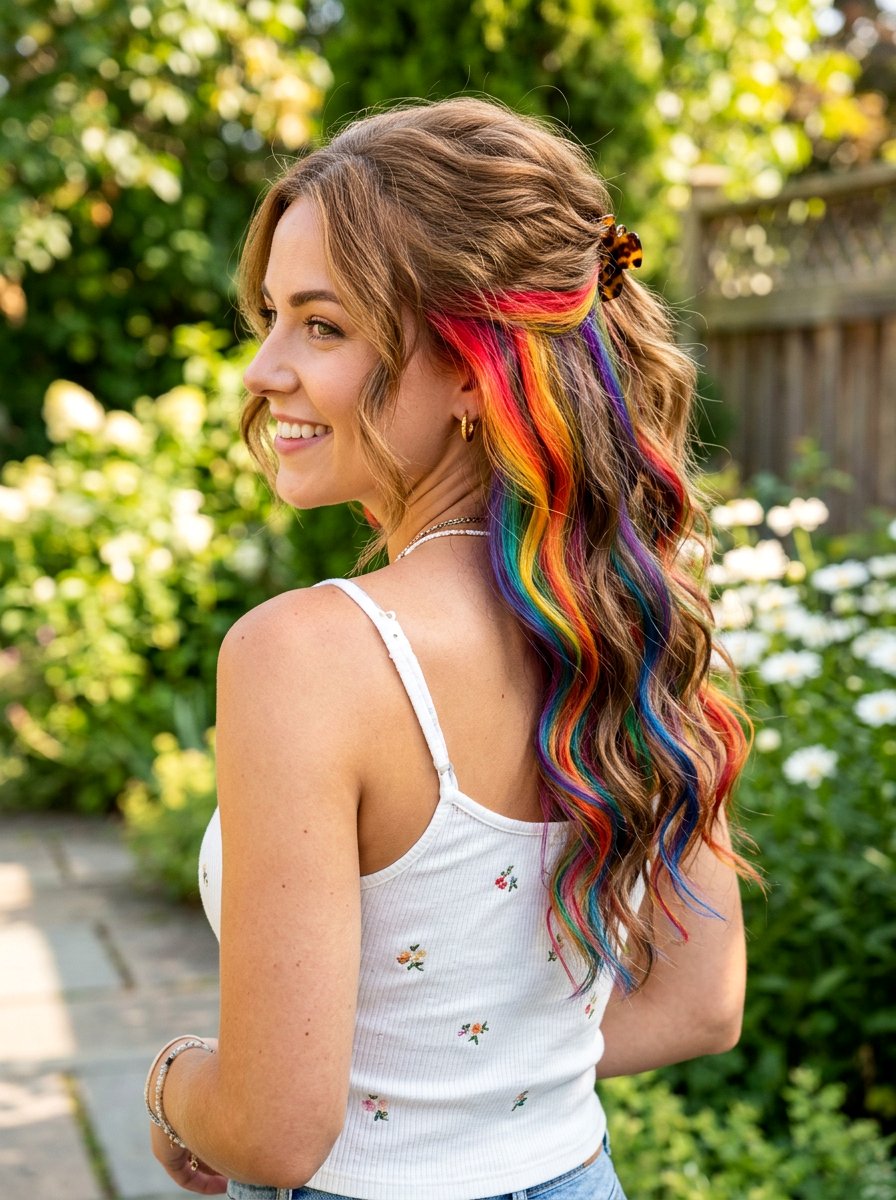 Hidden Rainbow Balayage Half Up Half Down Style - 20 hidden rainbow balayage - 20 hidden rainbow balayage