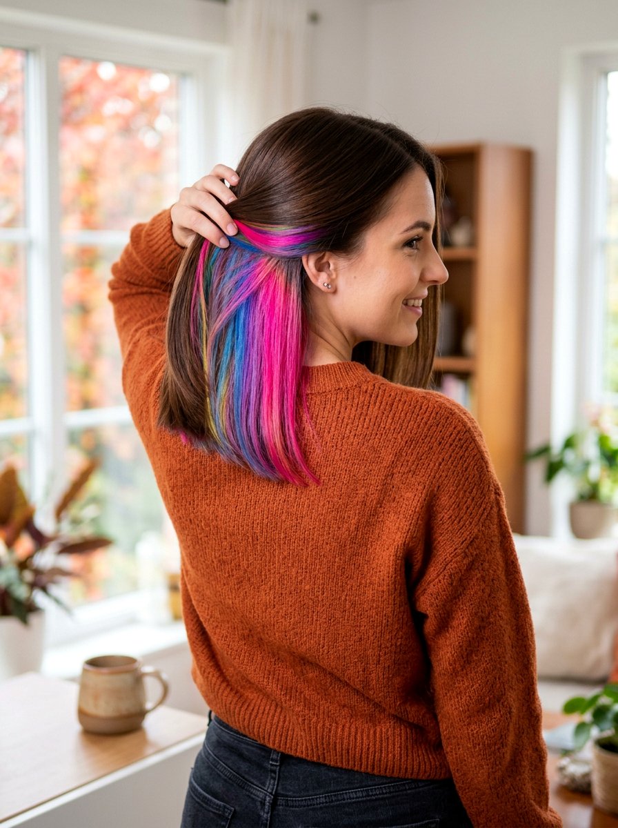 Hidden Rainbow Balayage On Brown Lob - 20 hidden rainbow balayage - 20 hidden rainbow balayage