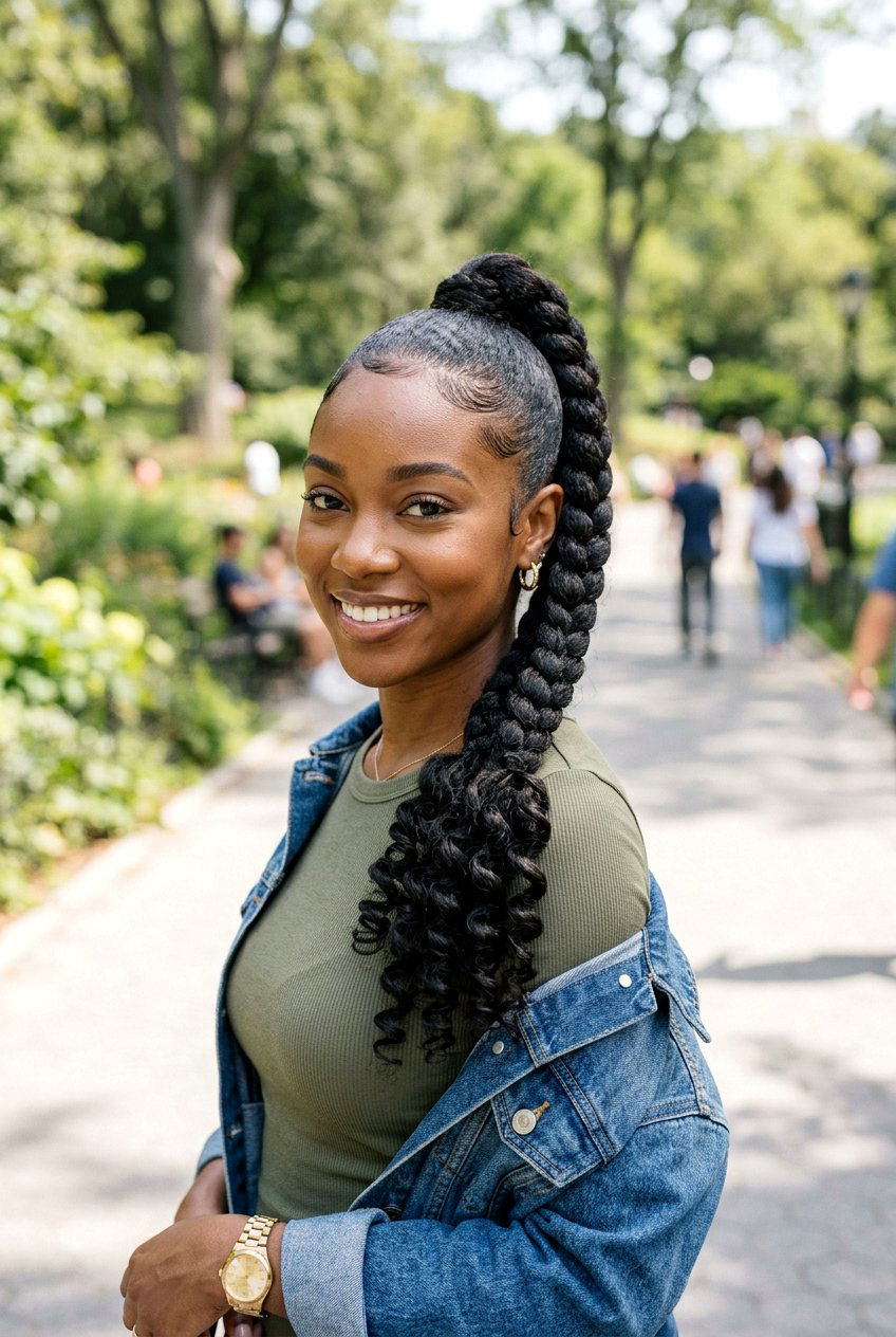 High Braided Ponytail On Natural Hair With Curls - 20 braided ponytail with curls - 20 braided ponytail with curls