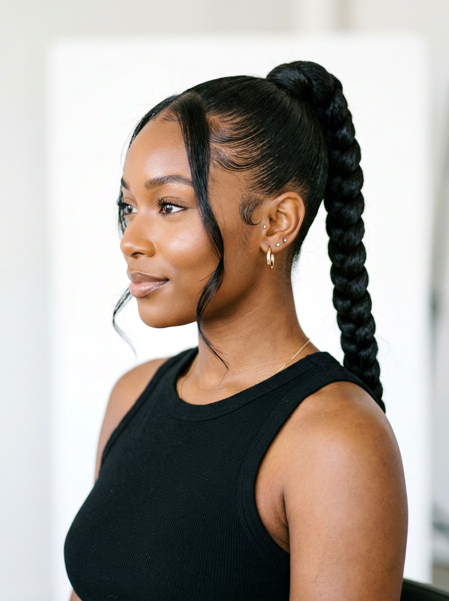 High Braided Ponytail With Face Framing Layers - 20 gym hairstyle for medium layers - 20 gym hairstyle for medium layers