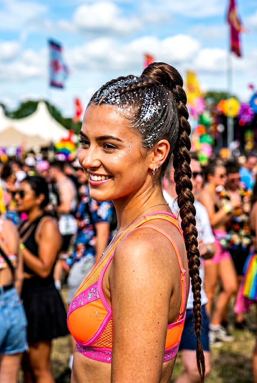 High Braided Ponytail With Glitter Roots - 20 festival braid ponytail with glitter - 20 festival braid ponytail with glitter