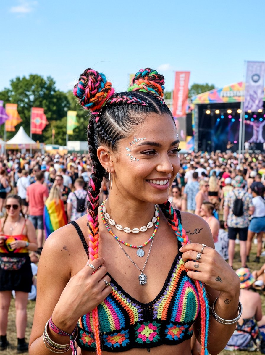 High Braided Space Buns With Dutch Braids - 20 rave braid buns hairstyle - 20 rave braid buns hairstyle