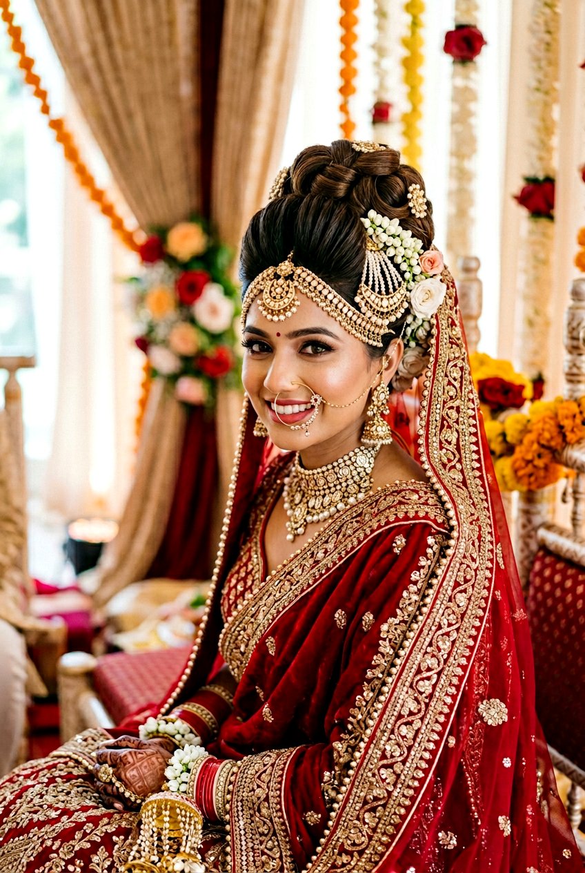 High Bridal Bun For Heavy Dupatta - 20 pakistani bridal hairstyles - 20 pakistani bridal hairstyles