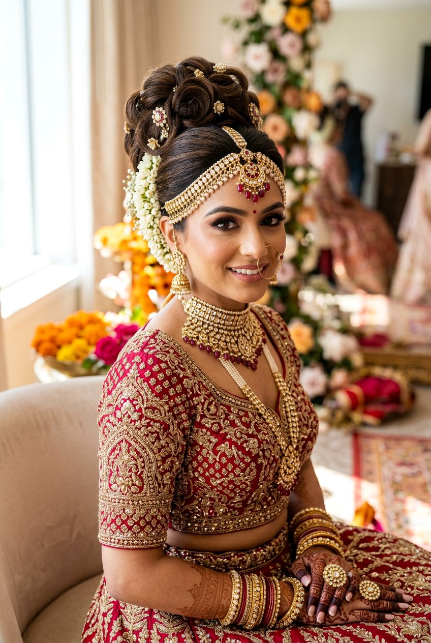 High Bridal Bun With Matha Patti - 20 desi bridal bun hairstyle - 20 desi bridal bun hairstyle