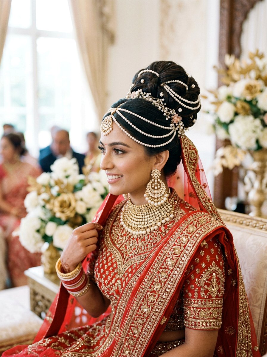 High Bridal Bun With Pearl Strings - 20 pearl embellished bun hairstyle - 20 pearl embellished bun hairstyle