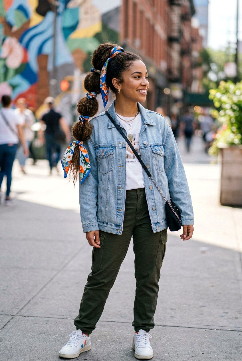 High Bubble Ponytail With Scarf Sections - 20 scarf ponytail hairstyle - 20 scarf ponytail hairstyle