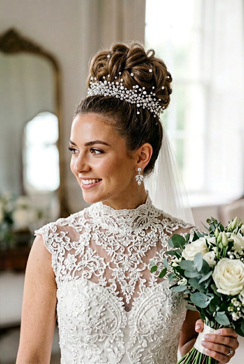 High Bun Bridal Hairstyle With Crystal Hairpins - 20 crystal hairpin bridal hairstyle - 20 crystal hairpin bridal hairstyle