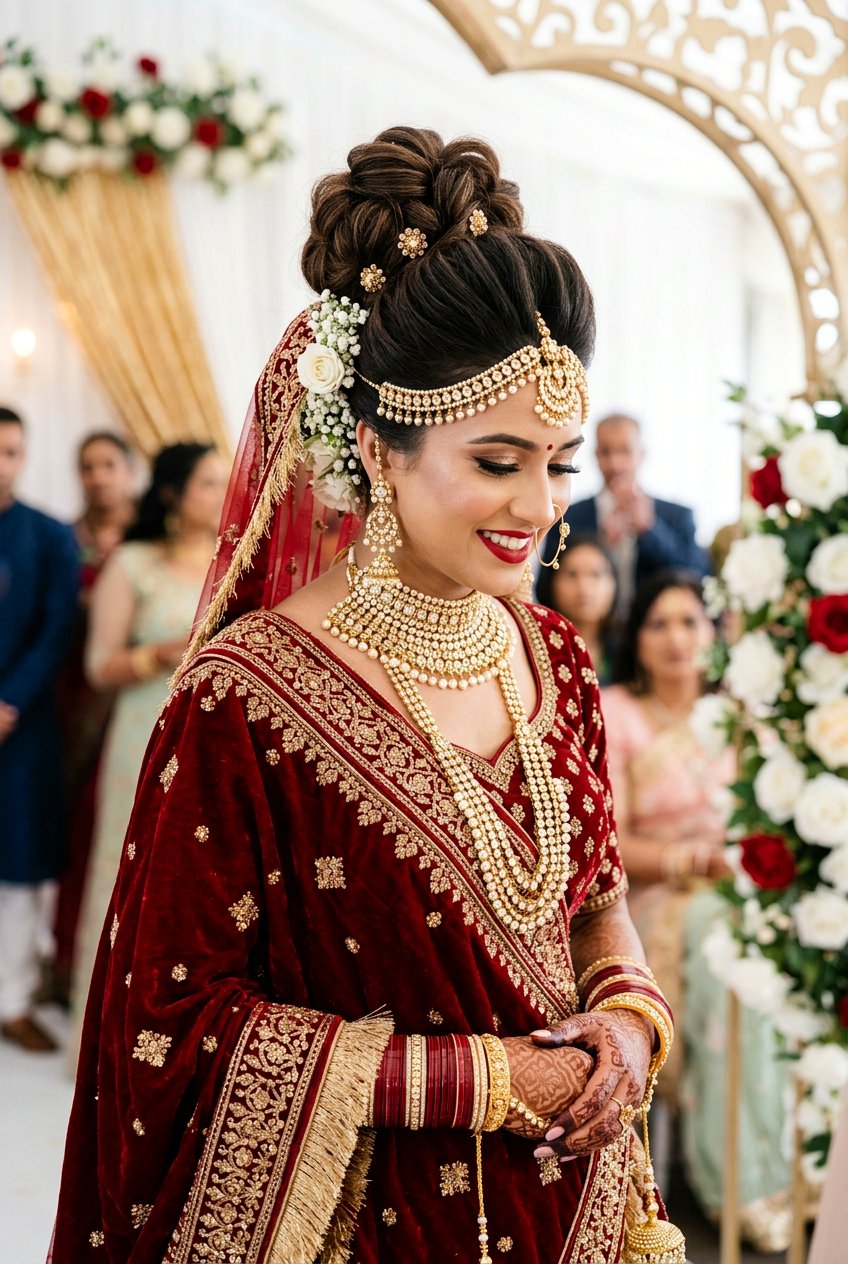 High Bun Bridal Hairstyle With Volume And Dupatta - 20 bridal hairstyles with dupatta - 20 bridal hairstyles with dupatta