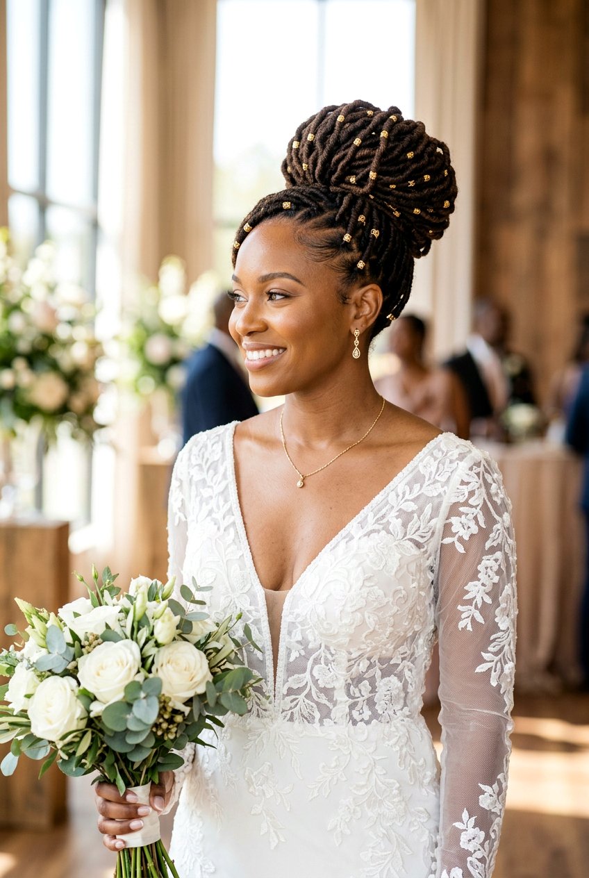 High Bun Faux Locs Bridal Updo - 20 bridal faux loc updo - 20 bridal faux loc updo