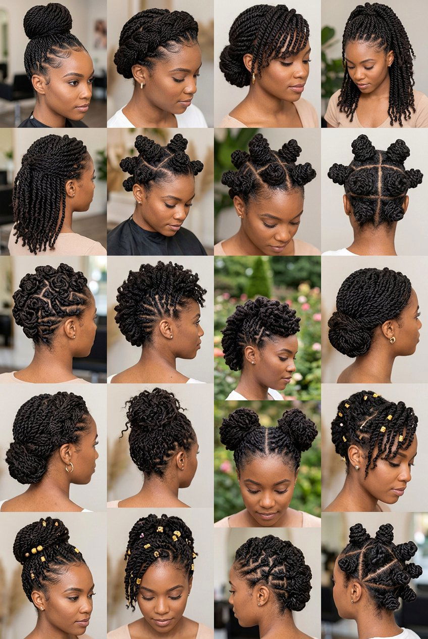 High Bun Mini Twist Updo with Gold Accessories - 20 mini twist updo hairstyle - 20 mini twist updo hairstyle
