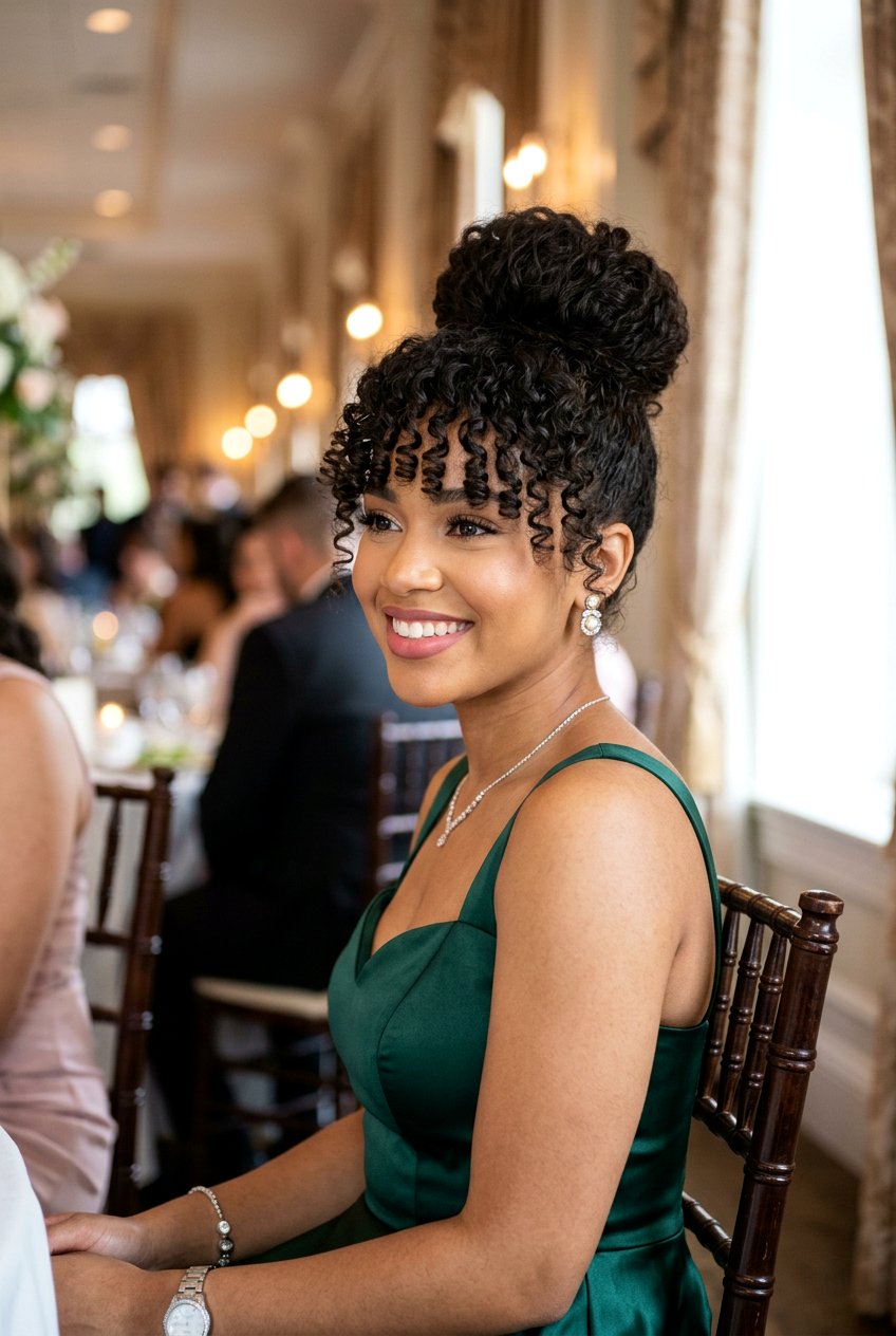 High Bun With Bangs - 20 prom hairstyle for curly natural hair - 20 prom hairstyle for curly natural hair