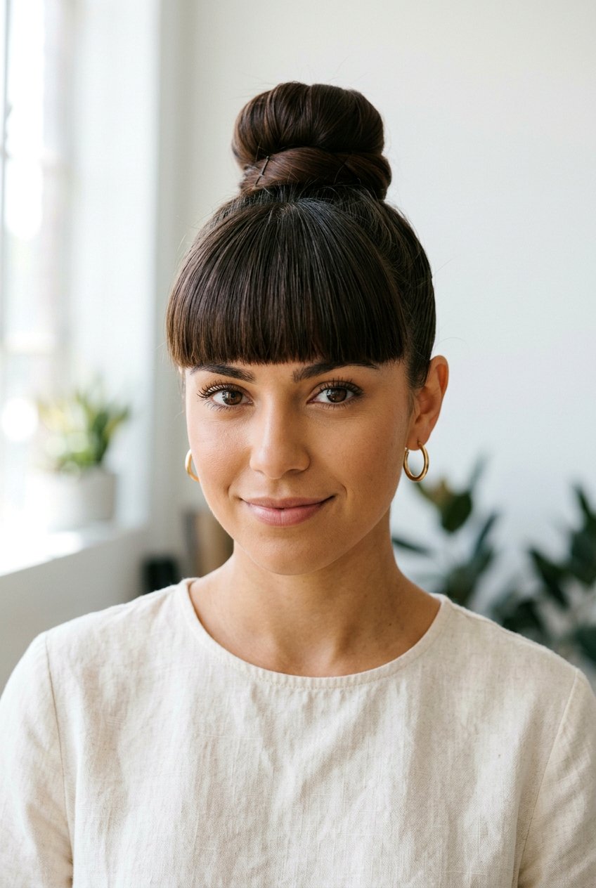 High Bun With Bangs - 20 high bun hairstyles - 20 high bun hairstyles