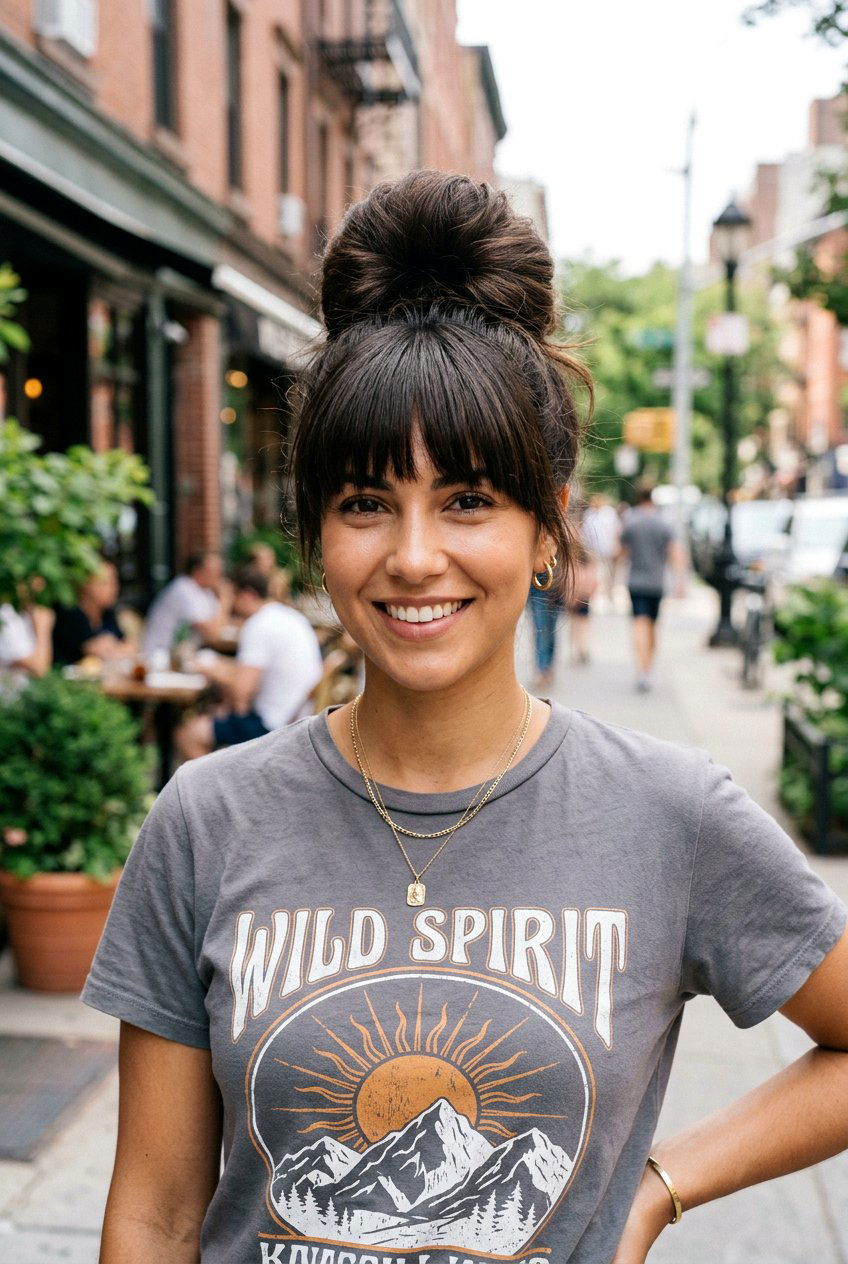 High Bun With Bangs - 20 concert bun hairstyles - 20 concert bun hairstyles