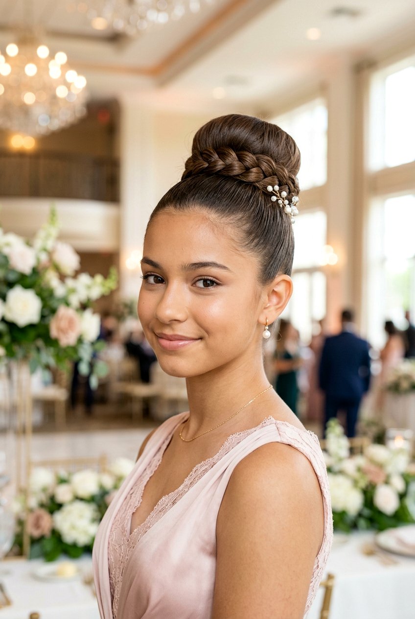 High Bun With Braided Base - 20 formal dance hairstyles for teens - 20 formal dance hairstyles for teens