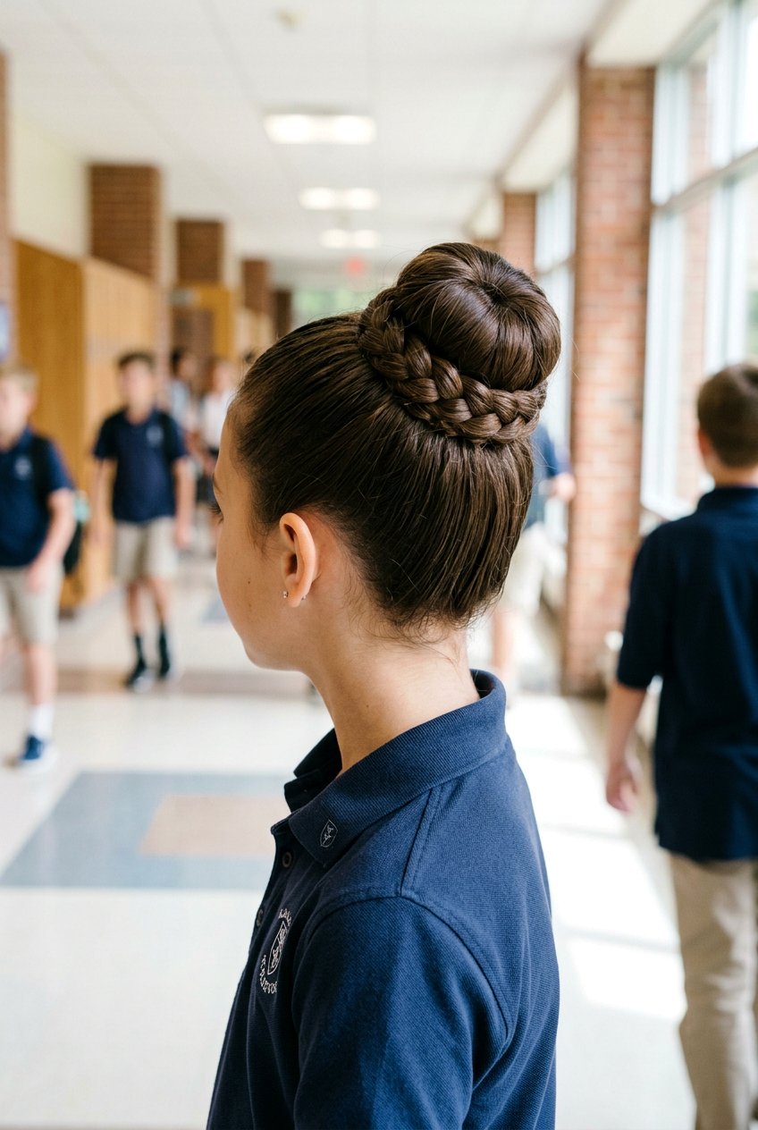 High Bun With Braided Wrap For School Girls - 20 school bun hairstyle for girls - 20 school bun hairstyle for girls