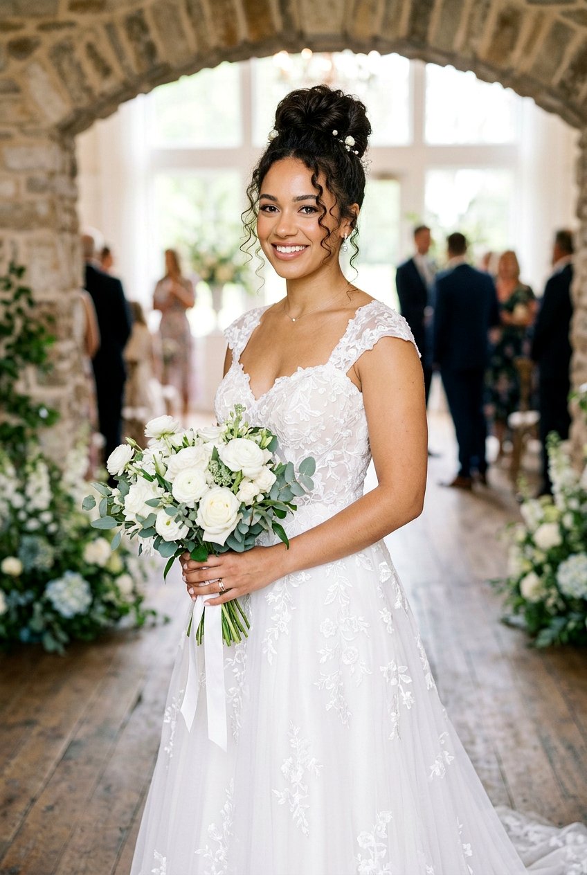 High Bun With Curly Face Framing Tendrils - 20 bridal bun with curls in front - 20 bridal bun with curls in front