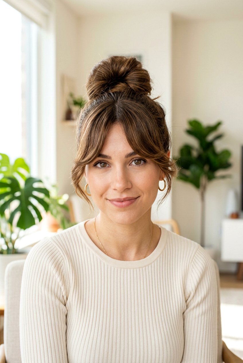 High Bun With Curtain Bangs - 20 high bun hairstyles - 20 high bun hairstyles