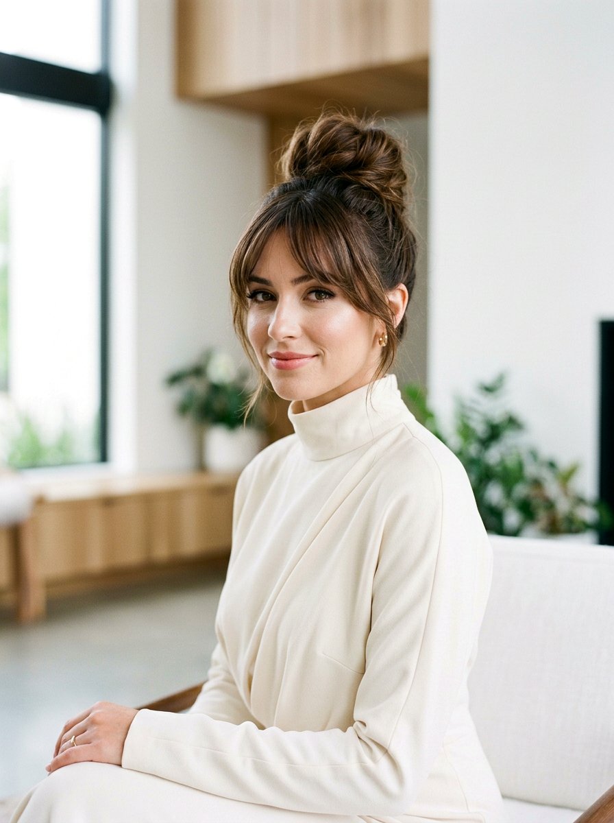 High Bun With Face Framing Bangs - 20 wedding hairstyles for garden ceremony - 20 wedding hairstyles for garden ceremony