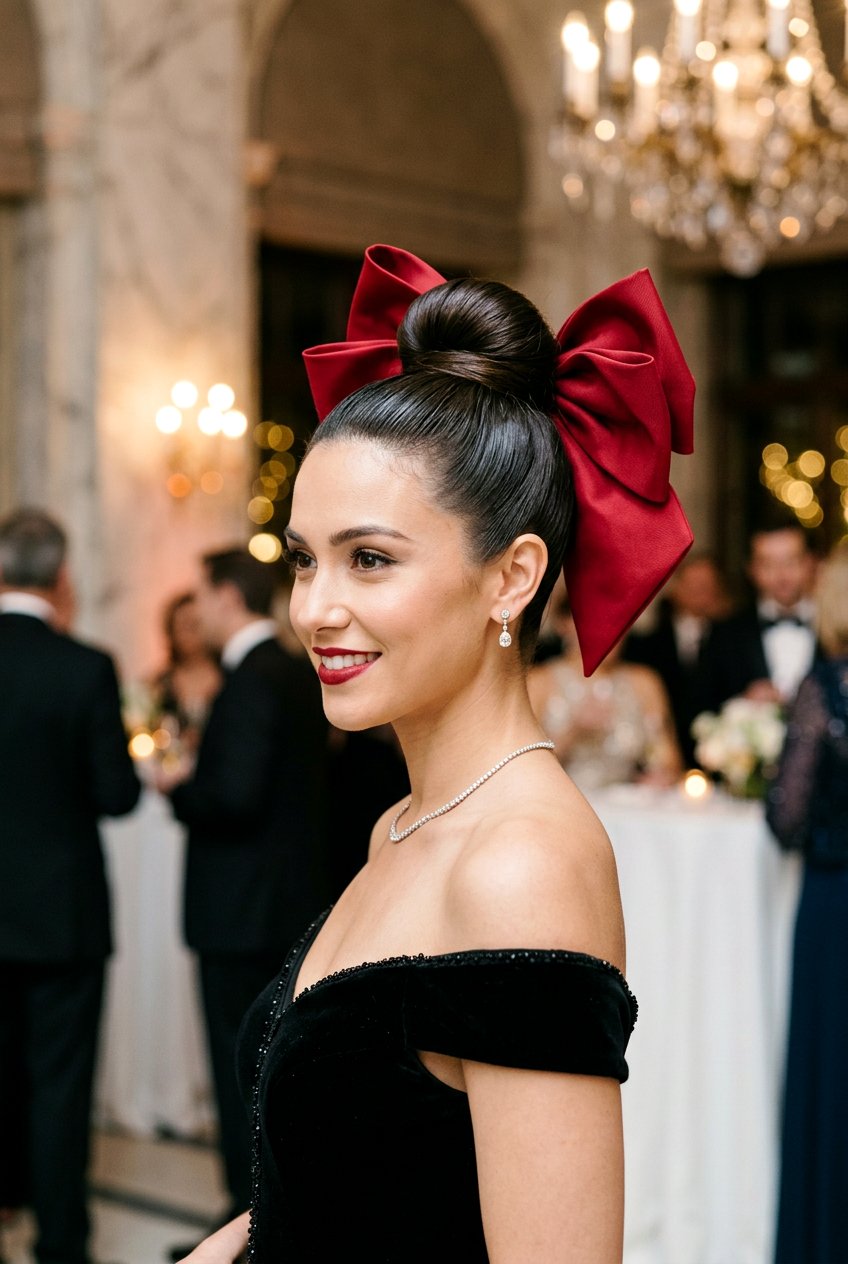 High Bun With Oversized Bow - 20 coquette hairstyle with ribbon bow - 20 coquette hairstyle with ribbon bow